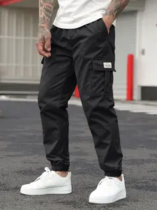 Men's Regular Fit Solid Pocket Drawstring Waist Cargo Pants, Casual Streetwear Trousers for Summer, Fashion Men's Bottoms for Daily Wear, Casual Jogger Pants, Casual Street Style, Casual Fashionable Pocket, Menswear