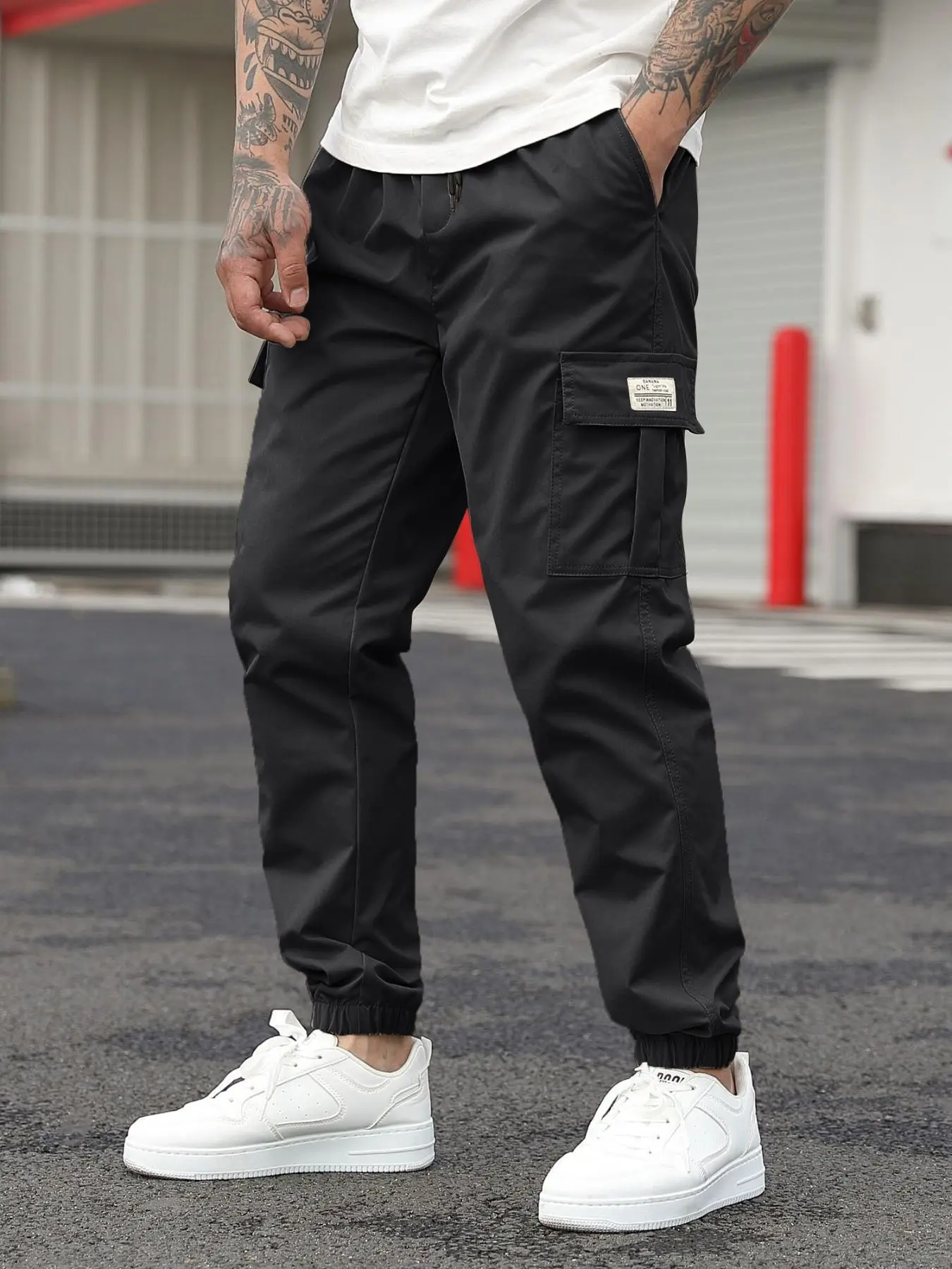 Men's Regular Fit Solid Pocket Drawstring Waist Cargo Pants, Casual Streetwear Trousers for Summer, Fashion Men's Bottoms for Daily Wear, Casual Jogge