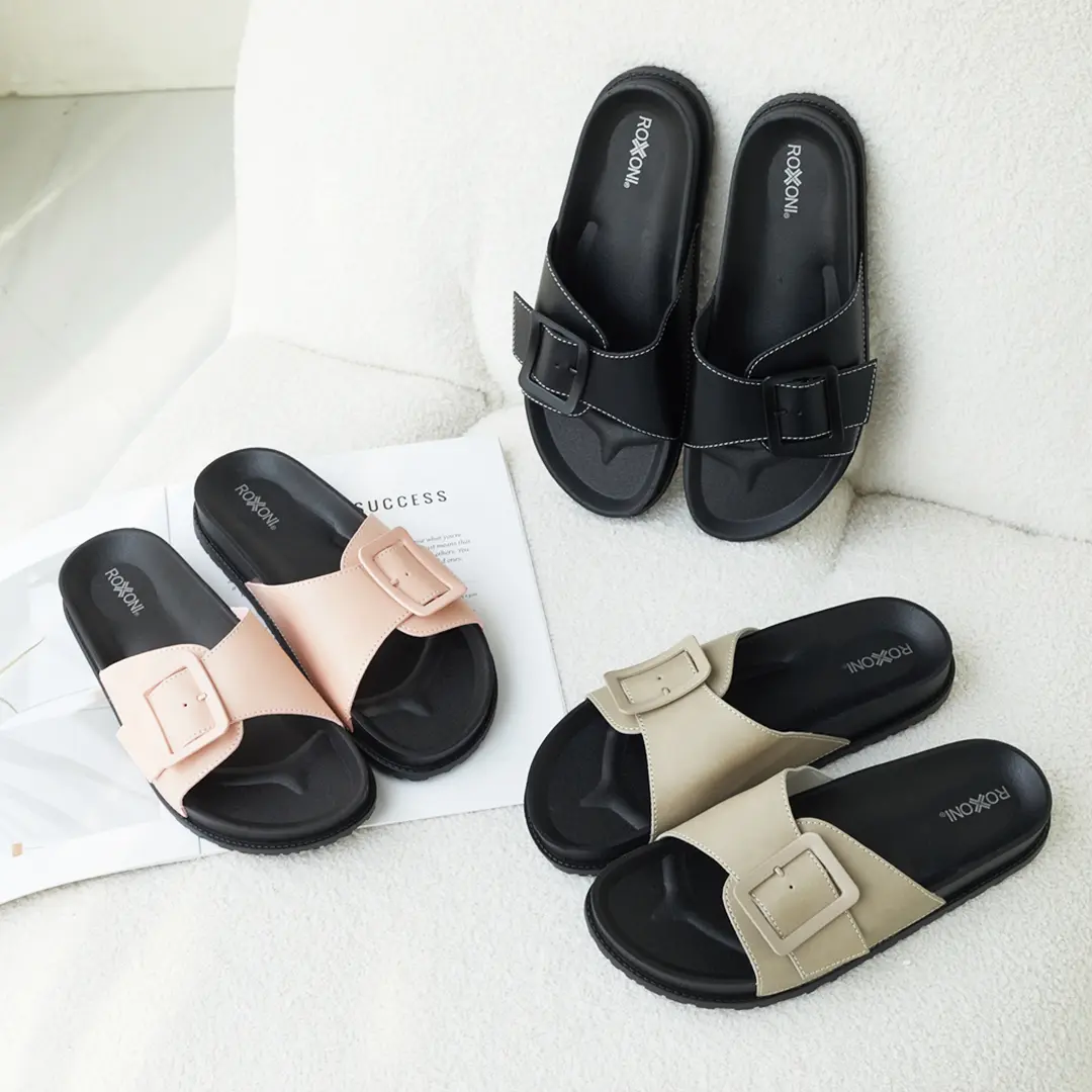 Roxoni Women's Adjustable Buckle Slide Sandals Open Toe Outdoor Flat Summer Slipper