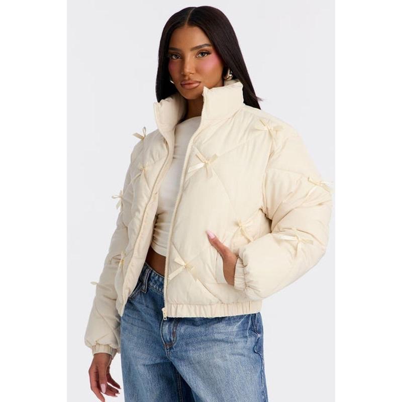 Cuteness Overload Bow Nylon Puffer Jacket - Cream H