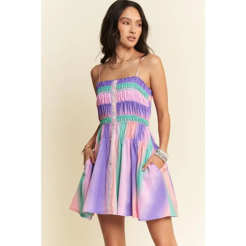 Davi & Dani Multi Color Ombre Printed Bodice Button Up Dress