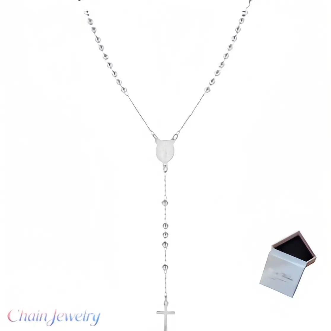 Stainless Steel Two Tone Cross Pendant Necklace for Women Men Beaded Rosary Style Chain Adjustable Religious and Casual Everyday Jewelry
