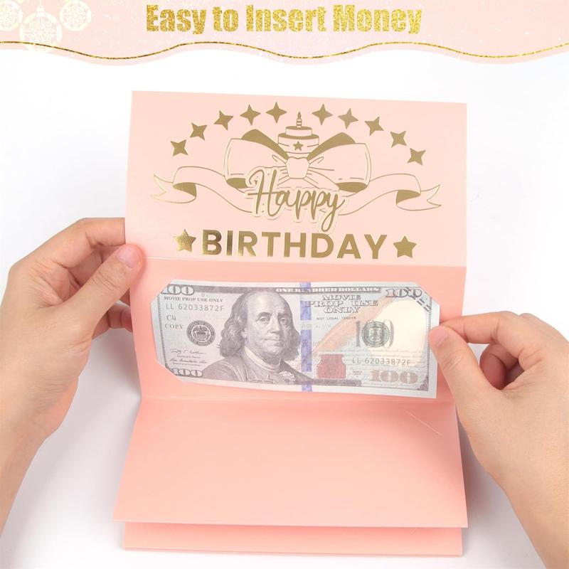 4Pcs Birthday Money Envelope for Cash Gifts, Surprise Cash Envelope for Wife Women Kids, Birthday Gift Card for Women Girls, Pink Rose Gold Money Holder