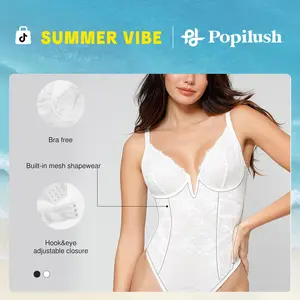 PL POPILUSH Popilush The Shapewear Bodysuit Deep V-Neck Lace Low-Back Thong Bodysuits Comfort Womenswear Basic Vneck Skinny Minimalist Tops Sleeveless Gamis