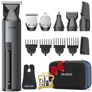 Cordless Hair Trimmer for Men, 6 in 1 Grooming Kit with Interchangeable Attachments, Electric Razor for Facial & Hair Trimming, Includes Storage Bag and Beard Bib Apron. Stainless Steel Water Proof Durable