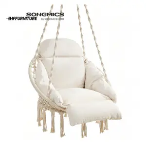 New 2024  SONGMICS Hanging Hammock with Large Thick Cushion Boho Swing Chair for Bedroom Patio Balcony Garden Living Room Holds up to 264 lb 120kg and Gray Cloud White Cloakroom Decor