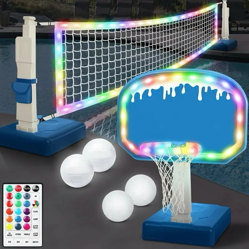 2-in-1 LED Volleyball & Basketball Game Set, Light-Up Water Sport Combo with 14in LED Rim, 4 Glow Balls, 2 Bases, Pump, Inground Swimming Toy for Adults & Family