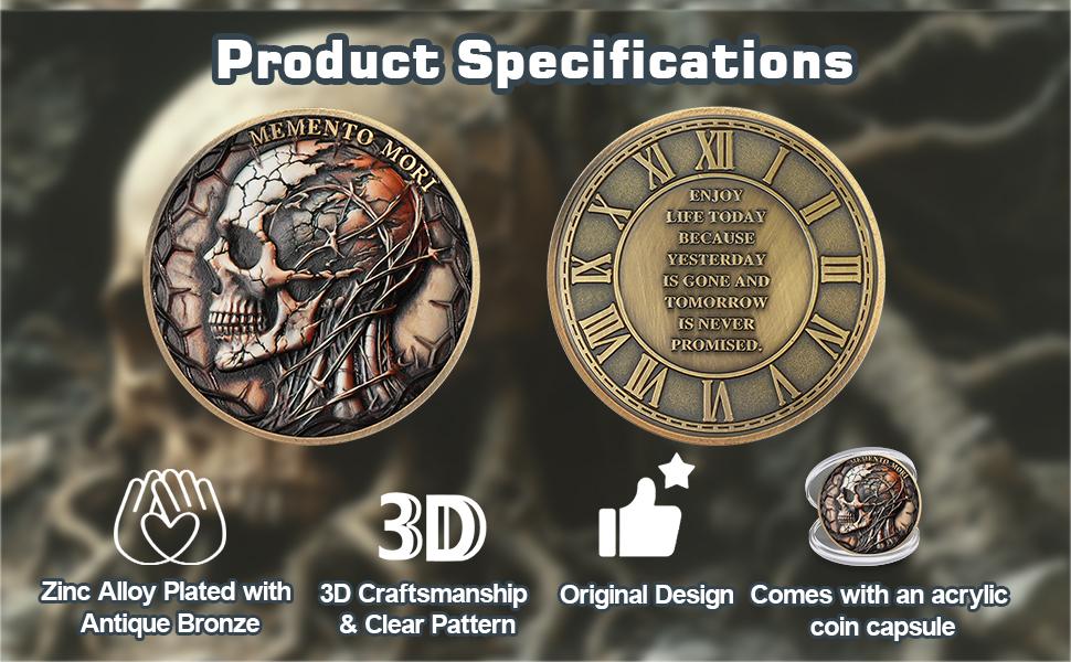 Memento Mori & Vivere Skull Coin - Antique Bronze EDC Challenge Coin with Roman Clock, Stoic Daily Pocket Reminder, Philosophy Gift for Men, Mindfulness Keepsake with Capsule