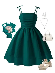 Girls' Multi-Layer Hem Ruffle Strap Dress, Sweet Cute Elegant Design, Perfect for Daily Wear, Vacations, Parties, Solid Color Dress