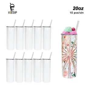 ICESIP 10pcs/ctn 20oz Skinny Sublimation Stainless Steel Blank Straight Tumblers - Portable Insulated Water Bottles with Plastic Straw, Festive Party Gift for Christmas, Birthday
