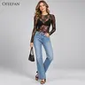 OFEEFAN Womens Mesh Tops Lace Long Sleeve Shirts Crewneck Slim Fitted Outfits See Through Blouses Embroidery Black Casual Elegant