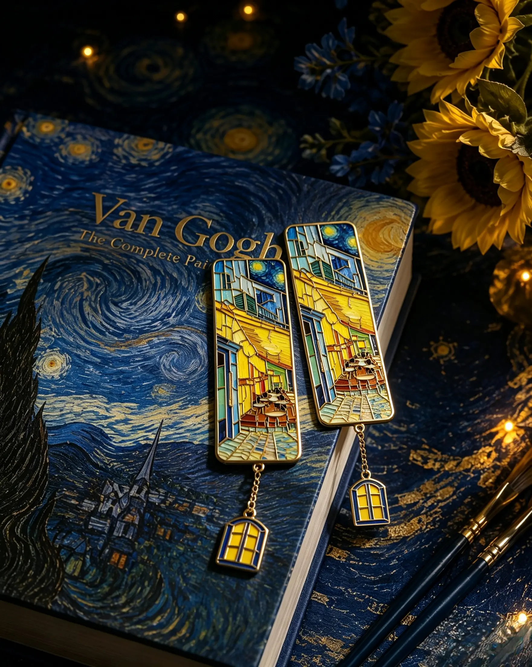 Metal Bookmark, Vintage Stained Glass Van Gogh Cafe Terrace Design with Pendant Chain, Thin Unisex Page Marker for Bookworms & Art Lovers, Daily, Book Lovers, Enamel Coloring
