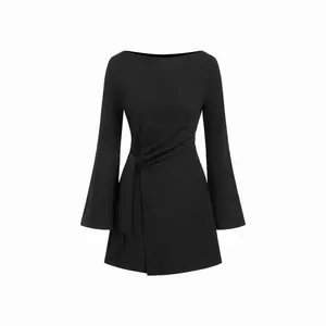 Cider Women's Mini Dress, Womenswear, Boat Neck, Bell Sleeves, Tie-Side, Ruched Design
