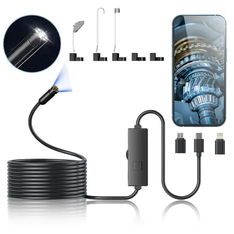 Semi-Rigid Snake Endoscope Camera, 1920P HD, 8 Adjustable LED Lights, 16.4ft Single Lens Diagnostic Tool for iOS & Android Automotive Car Repair Inspection