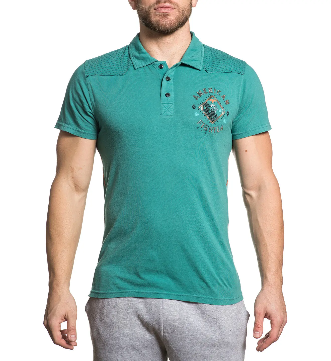 American Fighter Gardner Men's Cotton Polo Shirt - Casual Short Sleeves, Mock Twist Fabric, Distressed Graphic Logo, All Season, Refer to Sizing Chart