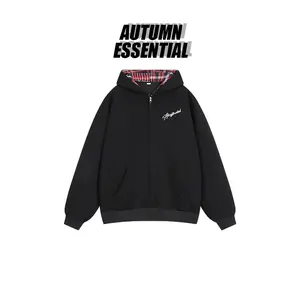 AUTUMN ESSENTIAL Zip - Up Black Hoodie with Plaid Lined Hood! Cozy Oversized Streetwear for Fall