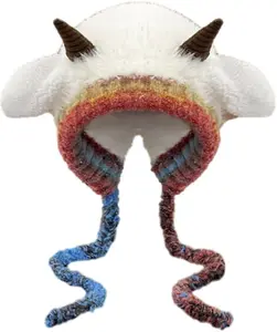 Winter Warm Plush Faux Fur Knitted Animal Hat Cozy Cute Horns Sheep Ears Beanie Cap Ear Flap Thick Lining Crochet Hats 2026