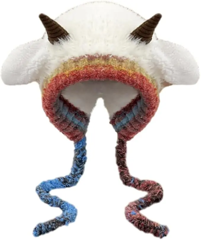 Plush Faux Fur Knitted Animal Hat with Horns Sheep Ears Beanie Ear Flap Winter Wayolyn Fuzzy Hat Sheep Horn Beanie Fluffy Beanies Y2k  main image 4
