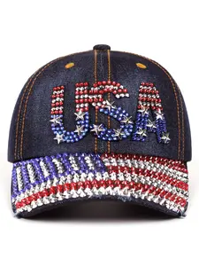 1pcs hat USA Rhinestone Embroidered Denim Baseball Cap, Bling Crystal Studded Curved Brim Hat, Patriotic Casual Streetwear Cap
