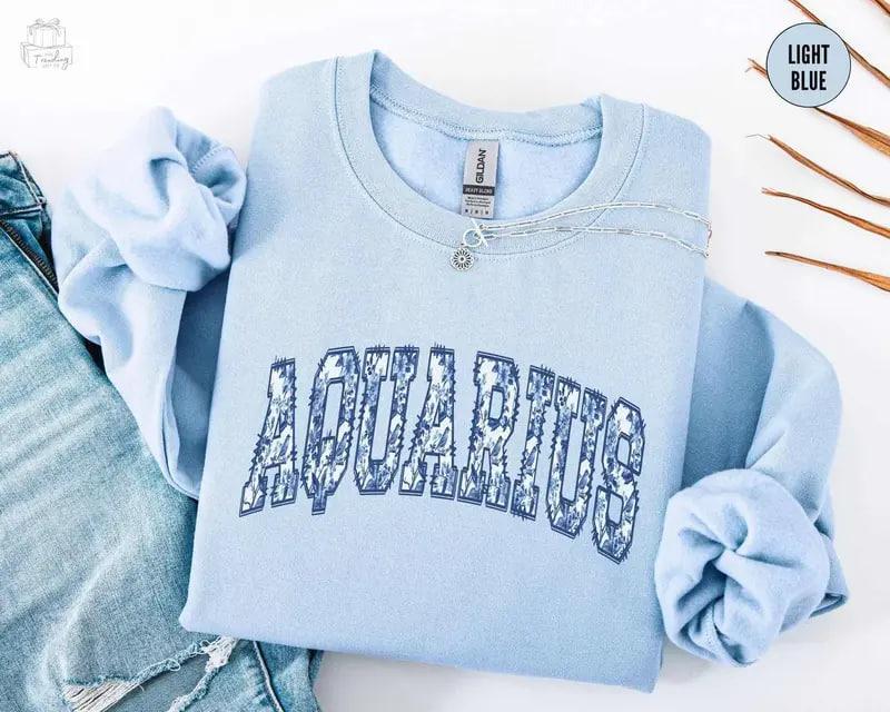 Custom Zodiac Sweatshirt - Light Blue, Cute Horoscope Astrology Graphic Sweatshirt, Unisex Crewneck Sweatshirt, Personalized Zodiac Energy Gift for Birthday, Star Sign Lovers, Celestial Sweatshirt - AL