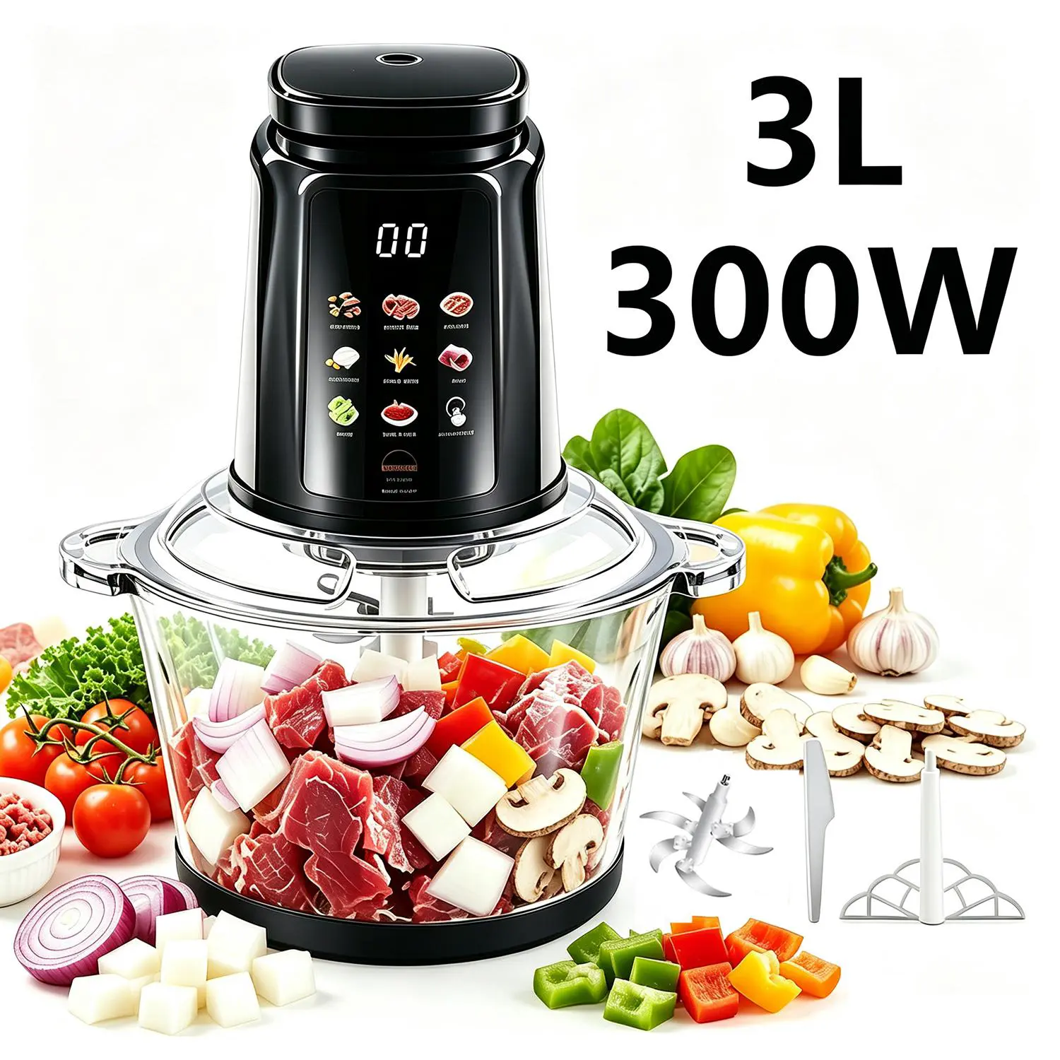 3L Electric Food Processor (Kitchen Appliances) - 300W, 6 Sharp Blades, BPA-Free Glass bowl, Easy Clean Kitchen Utensil for Family Meals, Vegetables, Sauces