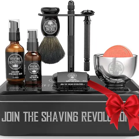 Viking Revolution Luxury Shaving Kit for Men - Gift for Dad or Husband Includes Safety Razor, Brush, Bowl, Soap, Oil & Balm Perfect for Classic Shaves
