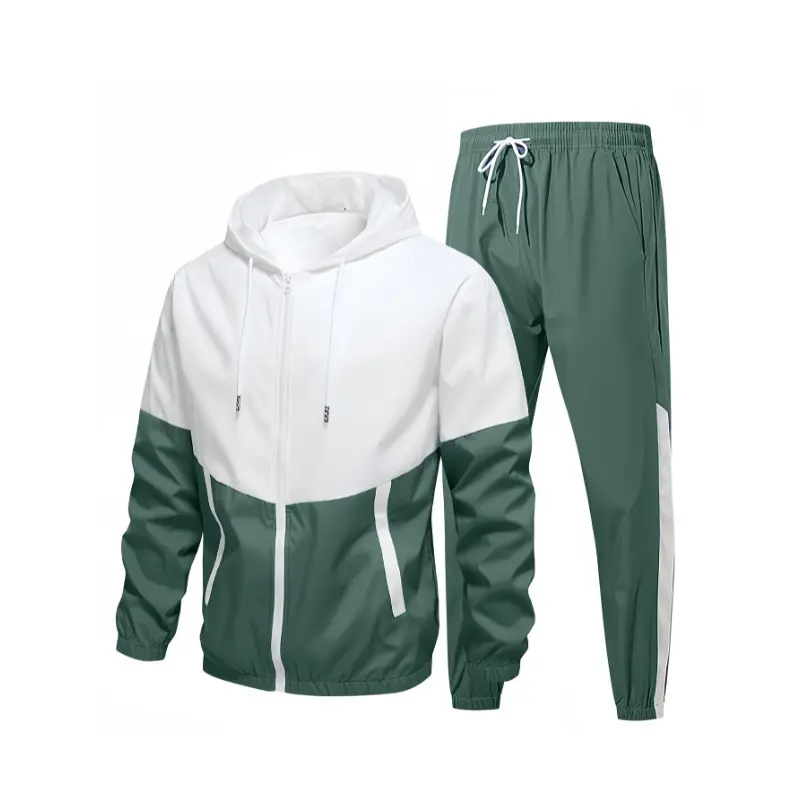 Men'S All-Season Sports Set, Casual Patchwork Hooded Zip-Up Jacket and Long Pants, 100% Polyester, Non-Stretch, Loose Fit, Long Sleeve, Woven, 130gsm Top & Bottoms, Trendy Lash Sets