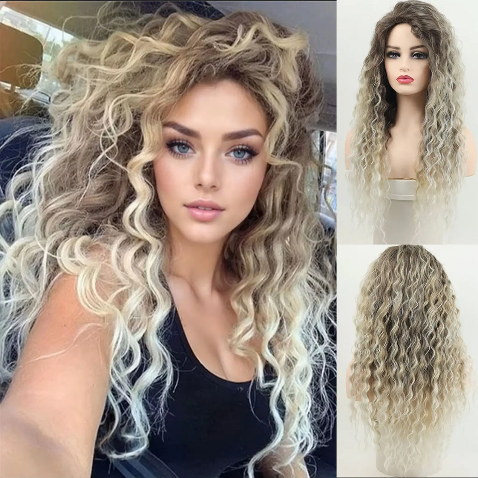 26 Inch Ombre Ash Blonde Curly Wig 80s Long Wavy Wigs For Women Fluffy Synthetic Fiber Carnival Party Halloween Costume Big Volume Hair Brown Shades Blonde Realistic Hairstyle