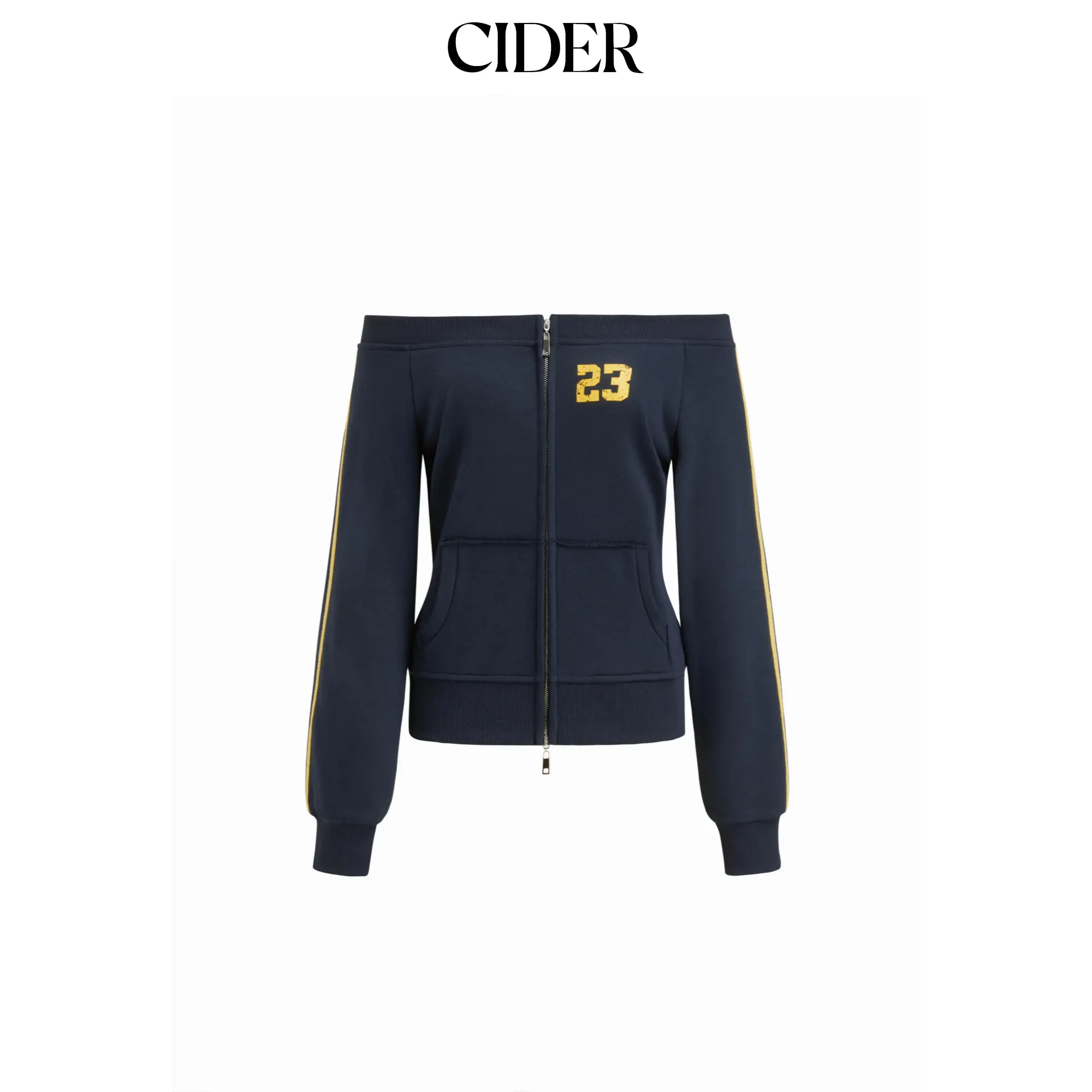 Cider 23 Terry Off-shoulder Side Striped Zip Through Sweatshirt