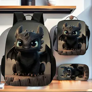 Toothless How to Train Your Dragon 3-Piece Backpack Set, Cute Night Fury Print School Bag + Lunch Bag + Pencil Case, Oxford Cloth Adjustable Strap Daypack for Movie Fans & Kids