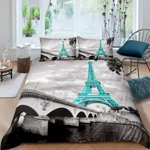 Feelyou Duvet Cover Set - Queen Size, Chic Teal Eiffel Tower Paris Theme Bedding, French Style Cityscape Printed, Modern Bedroom Decor (No Comforter Included), Duvetcoverset