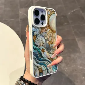 Magnetic Compatible Case for iPhone 17 16 E Pro Max 15 Plus 14 13 12 11 XS XR, Pastel Stained Glass Sun and Waves Print | Silicone, Lightweight, Aesthetic, Scratch Resistant, and Cute Protection