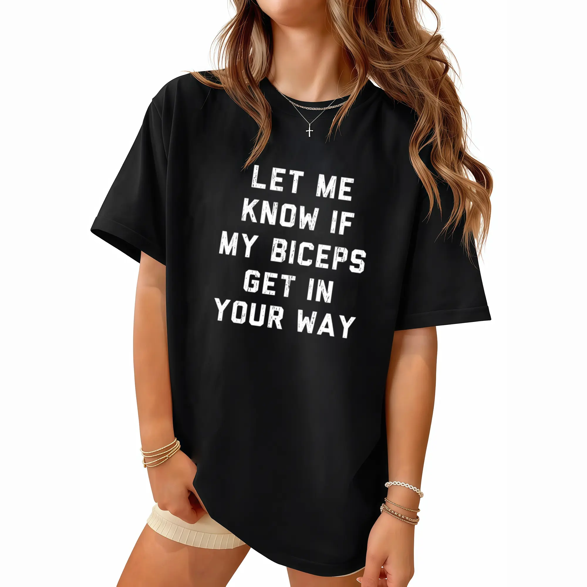 Fashion Crazy Dog T-Shirts Womens Let Me Know If My Biceps Get In Your Way T Shirt Funny Workout Fitness Gym Graphic Tee Cotton Fabric