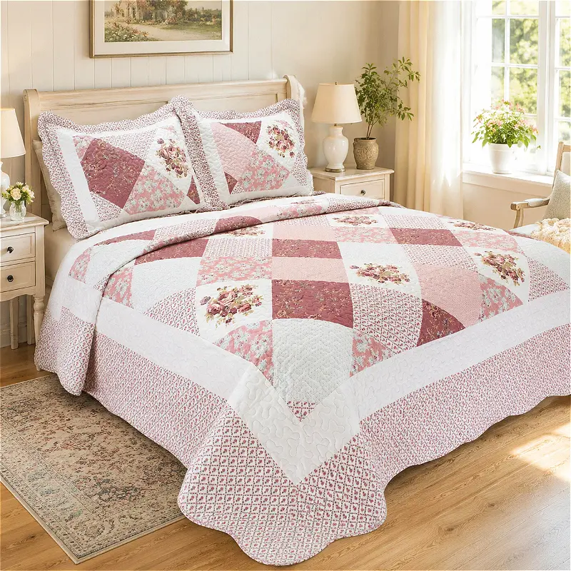 3pcs Queen Size Quilt 86x86 Inch - 100% Cotton French Country Bedspread with Pink Floral & Rose Cottage Patchwork, Vintage Bedspread Suitable for Farmhouse Decor, Machine Washable Coverlet for Rustic Bedroom, Cozy Bedding for Bed