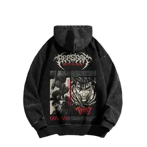 A hooded sweatshirt featuring the protagonist from *Berserk*, made with American-style washed fabric, standard American fit, men's washed hooded sweatshirt, made in the USA, street style hooded top.