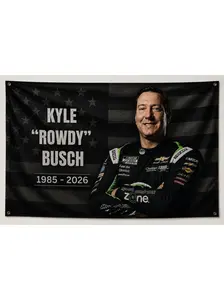 Kyle “Rowdy” Busch Memorial Tapestry Flag, Racing Legend Wall Decor Banner, Black American Flag Hanging, NASCAR Fan Gift 1985-2026 Open For Sale!