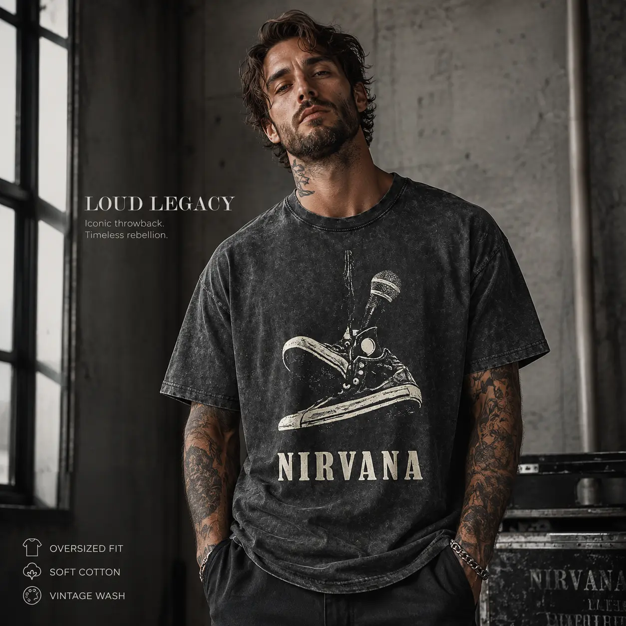 Men's Casual Vintage Washed Nirvana Graphic T-Shirt - Oversized 90s Grunge Rock Band Menswear, Round Neck Shortsleeve Distressed Streetwear Top