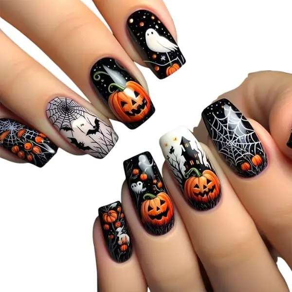 Halloween Press on Nails, 24PCS Medium Square Fake Nails with Pumpkin, Ghost, Cobweb & Bat Designs, Full Cover Glossy False Nails Stick On Glue On Nails for Women and Girls