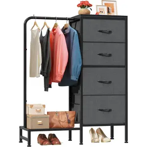 Dresser with Hanging Rack, 4 Drawers Small Closet for Bedroom, Reversible Fabric  Dresser for Closet with Clothes Rack, Tall Chest of Drawers, Sturdy Frame, Grey, 44''H