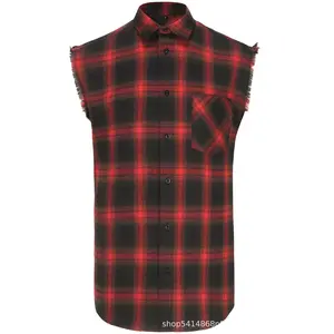Men's Retro European-American Style Plaid Sleeveless Casual Collared Shirts - Personalized, Button-Accented, Tassel-Detailed Menswear Tops, Casual Collared Shirt