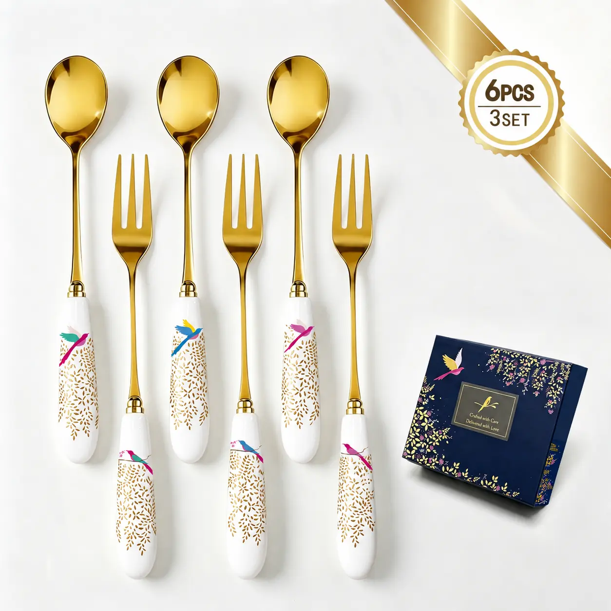 Glam 6-Pcs Elegant Gold Stainless Steel Dessert Flatware Set with Ergonomic Floral Bird Ceramic Handles, Gift Box Included – Adult Everyday Fruit Forks & Tea Spoons for Housewarming Watch Party Gifts
