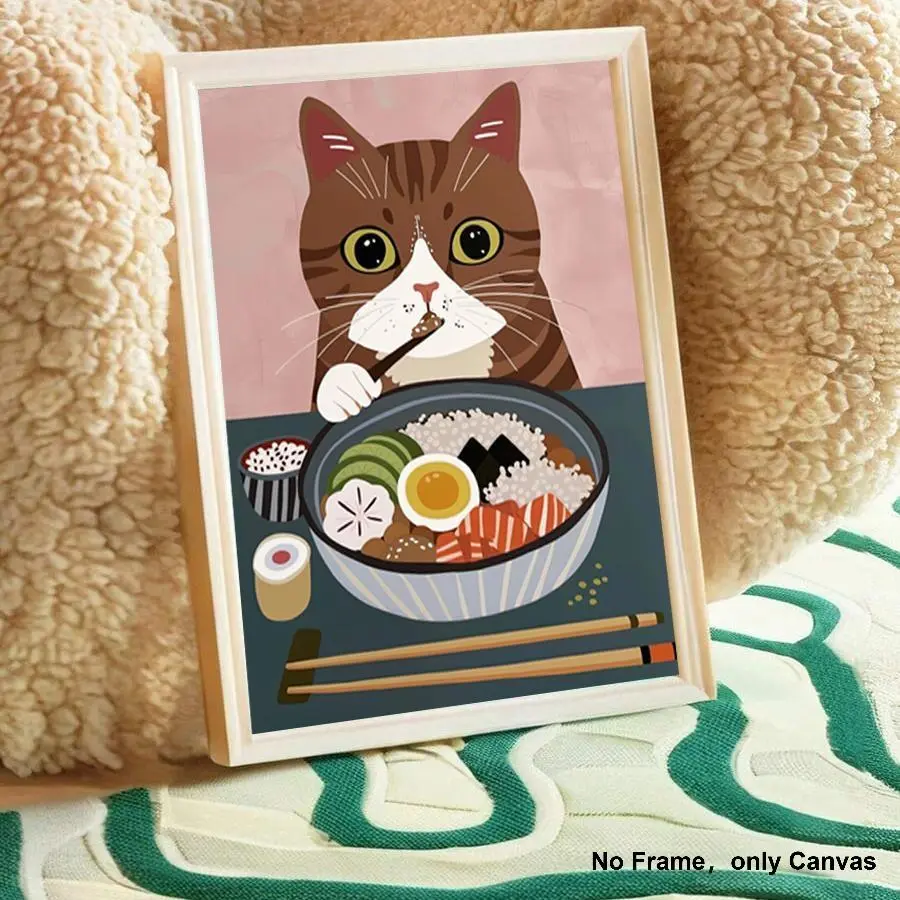 Cat Eating Sushi Pattern Unframed Painting, Animal & Food Theme Canvas Hanging Painting, Wall Art Decor for Home Living Room Bedroom, Ornaments