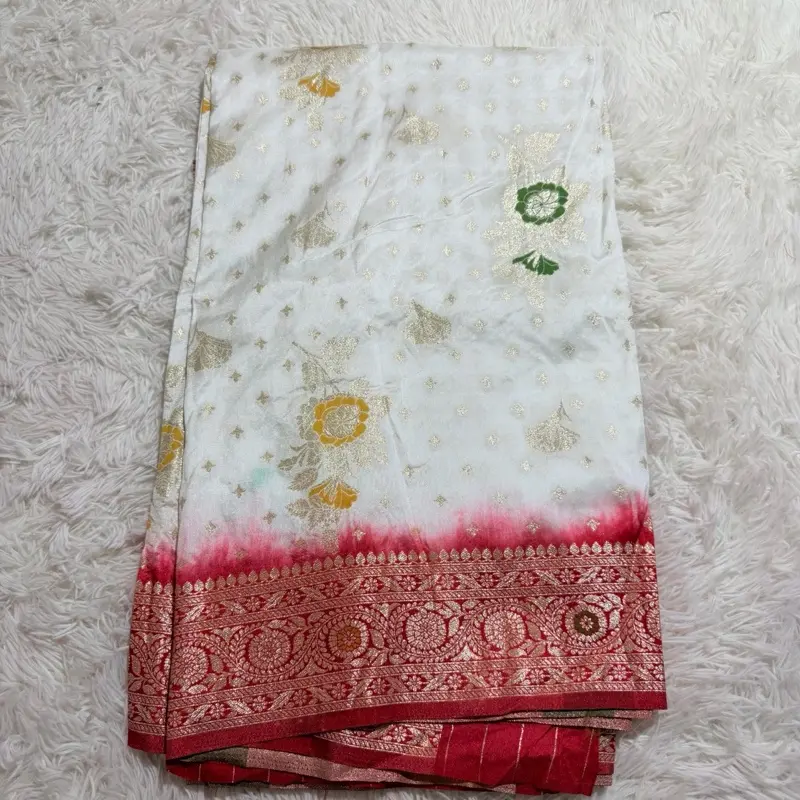 Female Dola Silk Saree with Perfect Picco Falls, Soft Fabric, in red white combination – Ideal for Party & Any Occasion