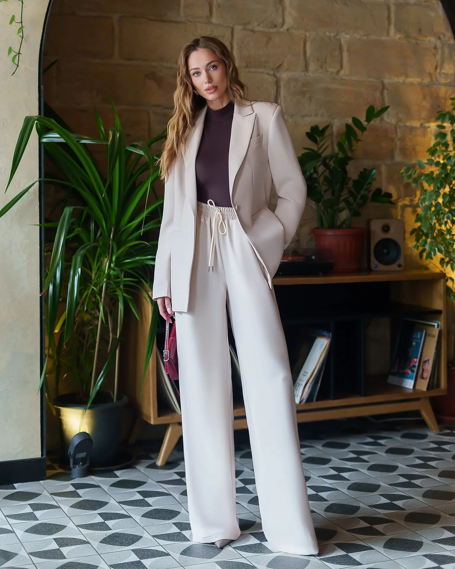 Monica Beige Peak Lapel Wide-Leg Suit 3-Piece