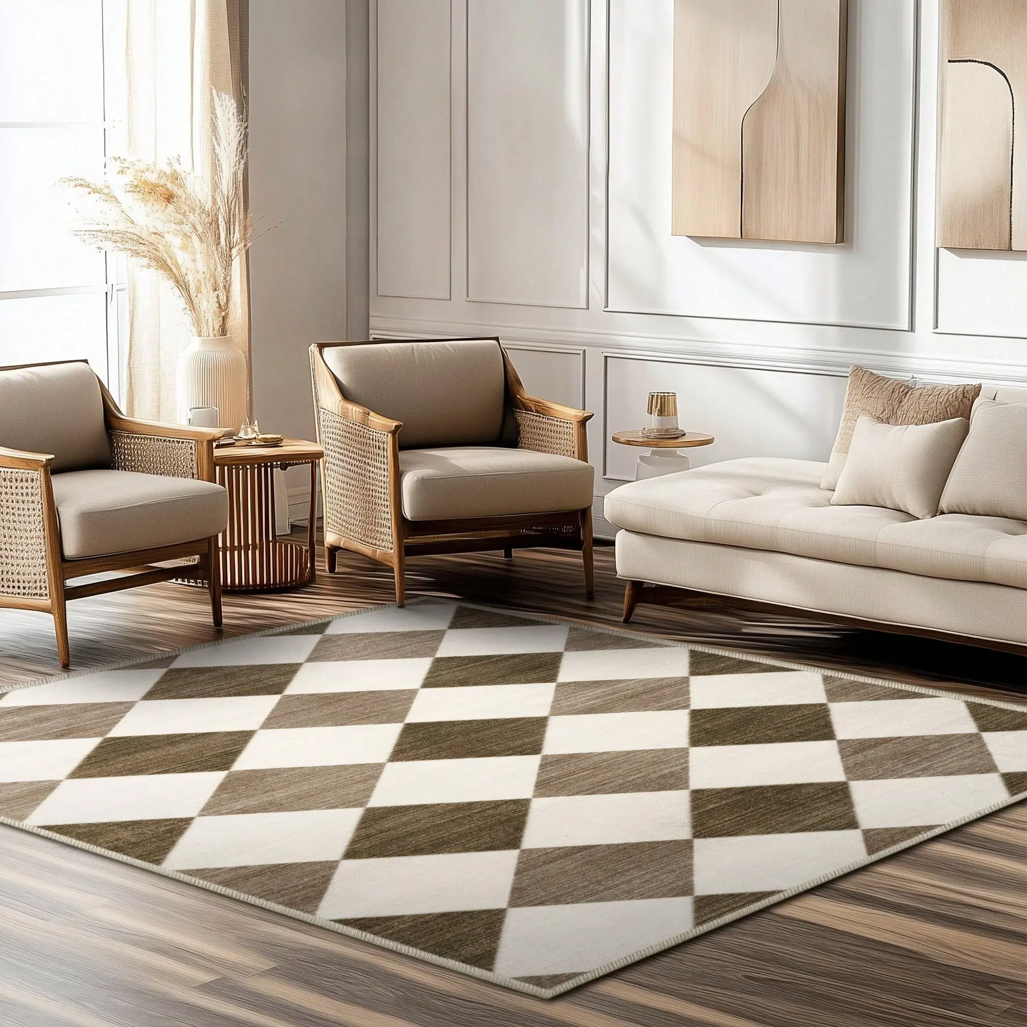 JAKOLIVE Modern Plaid Apricot Coffee Tapestry Floor Carpet with Versatile Home Decor, Machine Washable, Suitable for Living Room, Bedroom, Hall, Bathroom, Kitchen, Laundry Room Eye-Catching Artistic Abstract Area Rug for Living Room