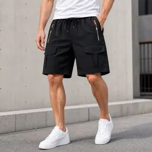 Men’s cargo shorts with zippered pockets, elastic waistband with drawstring, suitable for workouts, travel, and everyday wear.