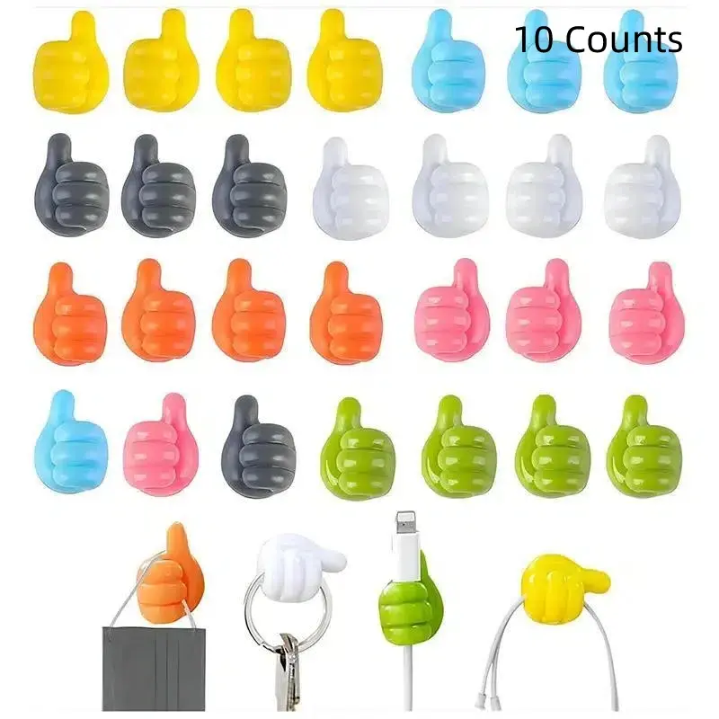 Creative Thumb Design Wall Hook, 10pcs/set Random Color Multifunctional Self Adhesive Wall Hook, Cable Management Hook, Home Organizer for Desktop Cable Storage, Cord Organizer for Desk, Desktop Cable Holder, Desk Accessory, Cable Management Kit