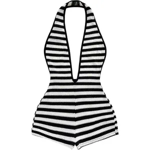 WDIRARA Women's Striped Textured Backless Halter Jumpsuits Deep V Neck Sleeveless One Piece Romper