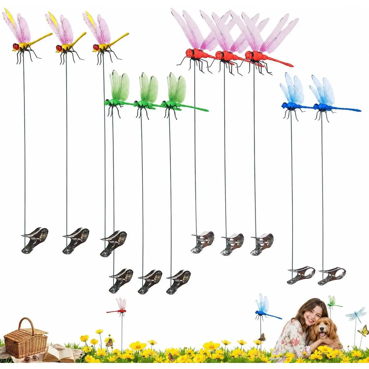 12 Pack Dragonfly Fly Repellent Clip, 3D Fake Dragonfly Garden Decor, Chemical-Free Insect Deterrent for Patio, Backyard, Outdoor Plants and Camping Use