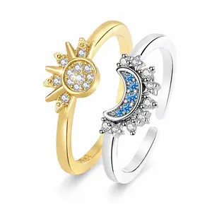 Sun Moon Stacking Ring Set - Gold Sun with Sparkling Crystals, Blue Moon Design - 1-Piece Set for Couples - Elegant, Versatile Costume Jewelry, Perfect Gift with Free Bags, Stacking Rings